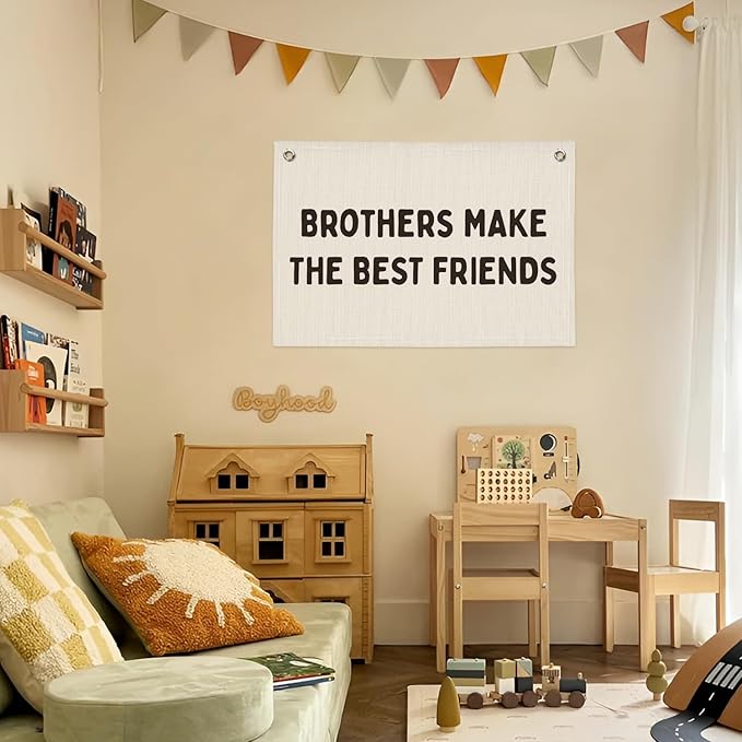 Brothers Make The Best Friends Banner, Boys Room Decor, Linen Canvas Banner Wall Hanging Flag Decor for Toddler Boy Kids Room Nursery Bedroom Playroom 20x30