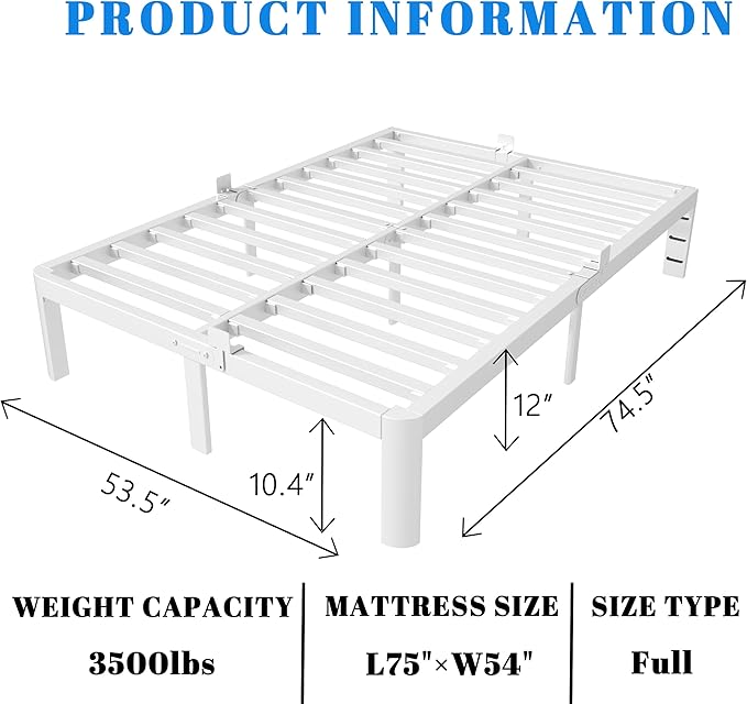 12 Inch White Full Size Bed Frame with Baffles, Metal Full Bed Frame No Box Spring Need, Heavy Duty Steel Platform Support, Reserved Holes, Round Corner Legs, Storage Space, Noiseless