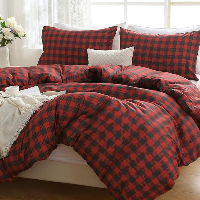MUXHOMO Duvet Cover King Size Floral Duvet Cover Set with Zipper Closure, Red Plaid Bedding Set, 3 Pieces, 1 Duvet Cover 104"x90" with 4 Corner Ties and 2 Pillowcases 20"x36"