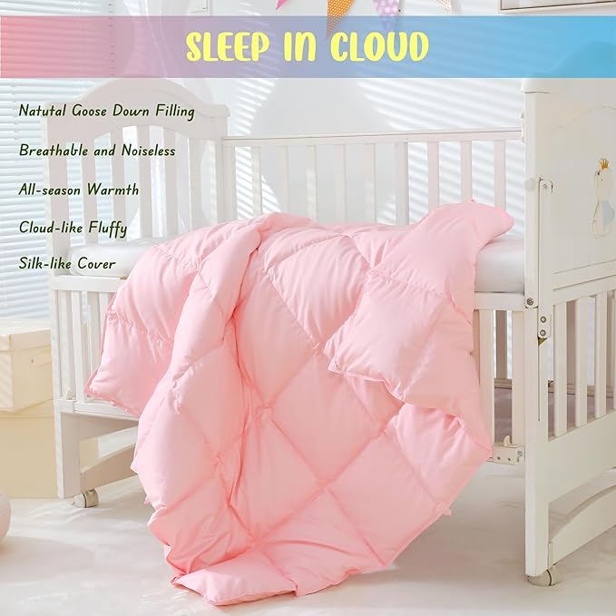 Baby Crib Comforter/Duvet/Blanket All Season 100% Natural White Goose Down Filled,Noiseless 500 Thread Count 100% Cotton Fabric 750+Fill Power (Pink, 45x60in)