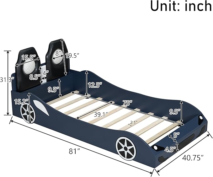 Twin Size Race Car-Shaped Platform Bed with LED and Upholstered Backrest, Solid Wood Upholstered Car Bed Frame with 2 Seats for Kids Boys Girls Bedroom (Blue-31U)