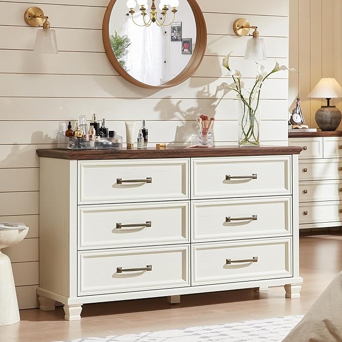 Farmhouse Wood 6 Drawer Dresser Set of 2, 54 inch Wide Large Vintage Chest of Drawers for Bedroom, Rustic Dressers TV Stand with Square Solid Wooden Legs for Living Room, Hallway, White