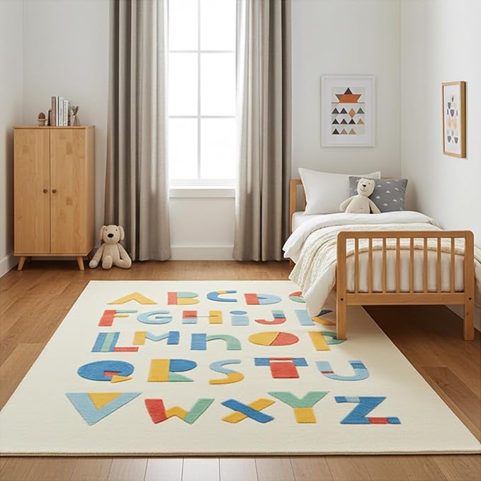Alphabet Area Rug – 5’ x 8' – Handmade Wool Area Rugs –Beige – Rugs for Living Room, Bedroom – Anti-Skid – Carpets with Non-Slip Natural Backing with 100% Cotton