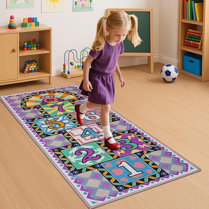 Kids Colorful Educational Hopscotch Game Rug, Numbers 1-8 Pattern, Geometric Border Design, Rectangular Floor Mat for Playroom