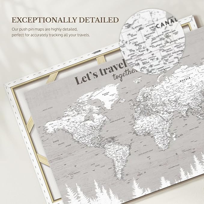ElephantStock - Let's Travel II Push Pin World Map Wall Art - Horizontal Canvas Wall Art - Living Room Wall Decor - Digital Art Map Canvas Art - Gray And White Decor - 24" x 16"
