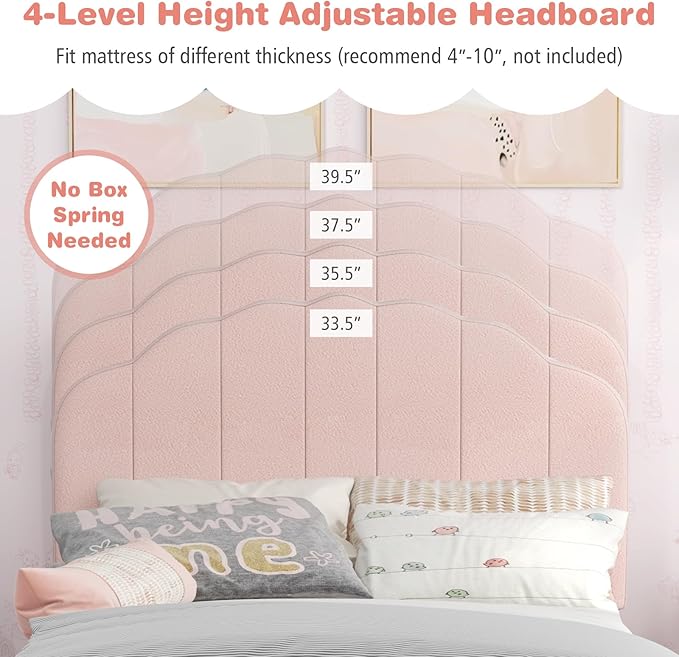 Costzon Twin Bed Frames with Adjustable Headboard, 660 LBS Weight Capacity Upholstered Wooden Kids Bed w/Slats Support, No Box Spring Needed, Easy Assembly, Twin Platform Bed Frame (Pink Shell)