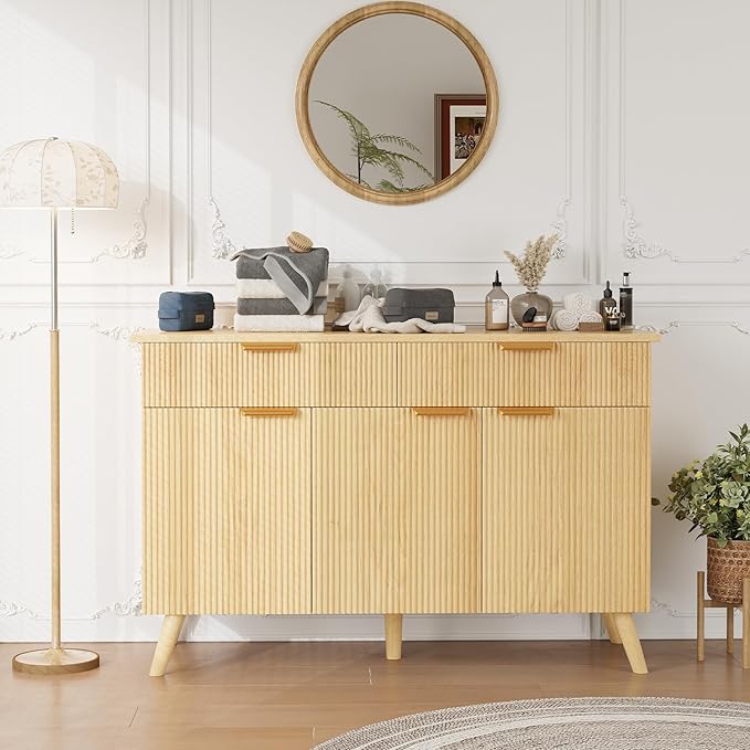 47" Buffet Cabinet with Storage, Natural Wood Fluted Sideboard with Drawers 3 Doors & Adjustable Shelves, Modern Accent Storage Cabinet Console Table for Living Room, Hallway, Entryway
