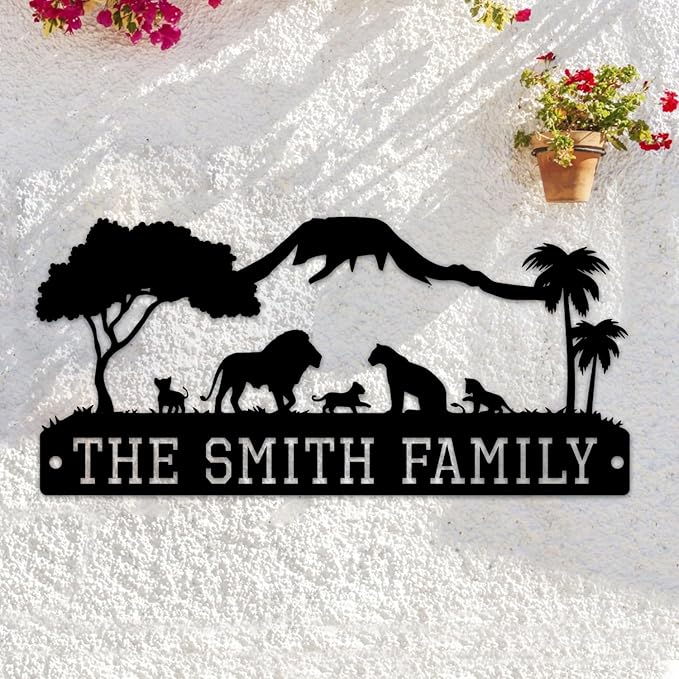 Lions Wall Art, Personalized Family Name Sign, Custom Signs Outdoor Metal, Lion Decor, Porch Decor, Personalized Birthday Gifts for Men Who Love Wildlife/Nature