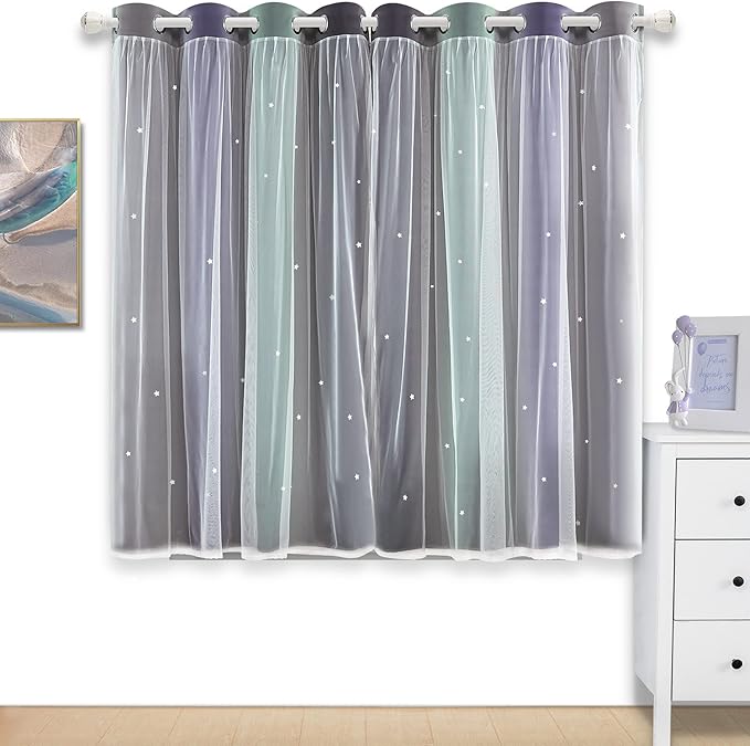 Kinryb Nursery/Kids/Girls Room Star Cut Out Blackout Rainbow Curtain with Sheer Overlay 2 Panels, Each 52 inch Wide,45 inch Length with White Gauze,Ombre Stripe Rainbow Curtains (2 Panels,52x45 Inch)