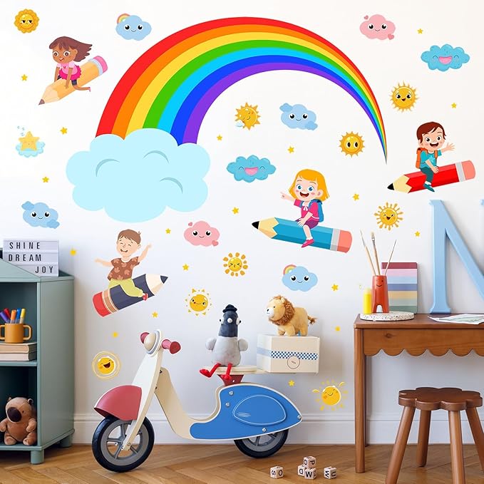 Rainbow Wall Decals Cloudy Sun Wall Stickers for Classroom, Watercolor Rainbow Cloudy Wall Decals Flying Girls Boys Wall Stickers Inspirational Art Murals for Nursery Playroom Kids Room