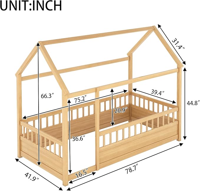Twin Size House Bed with High Fence for Kids,Twin Floor Bed Frame, Kids Montessori Bed Twin Size,Solid Wood House Bed Frame for Boys,Girls,Natural