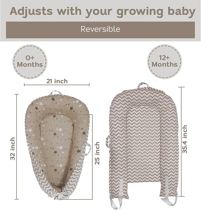 Baby Lounger | Organic Cotton Infant Lounger | Reversible, Adjustable & Portable Floor Lounger | Supervised Use | Soft, Breathable, Washable Cover- Star Collection (Tan)