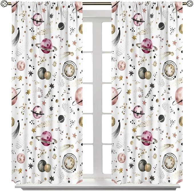 Kids Outer Space Curtains, Cartoon Galaxy Planet Universe Starry Starts Printed Window Drapes for Boys Girls Teens Bedroom Nursery 63" W X 63" L