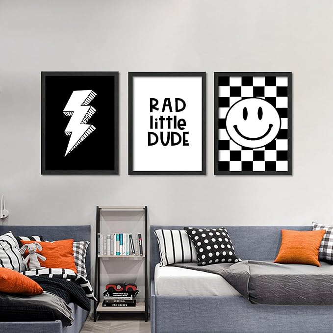 arfitest Boy's Room Wall Art Children's Canvas Wall Decoration Black Checkered Smiling Face Poster Picture Retro Game Room Bedroom Art Print 12x16 inch Frame 3-Piece Set