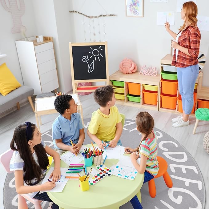 LIVEBOX ABC Kids Round Play Room Rug for Classroom, Large Washable Rug for Nursery, Non-Slip Toddler Rug for Boys and Girls, Soft Circle Carpet Learning Crawling Mat for Playroom Dorm(71",Grey)