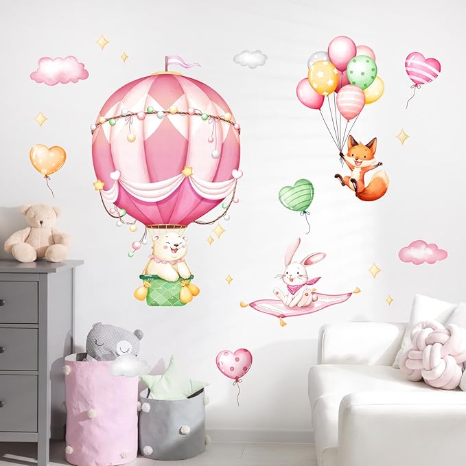 Hot Air Balloon Wall Decals for Girls, Cartoon Bear Fox Rabbit Wall Stickers Peel and Stick Vinyl Decor for Baby Nursery Room Toddlers Bedroom Playroom