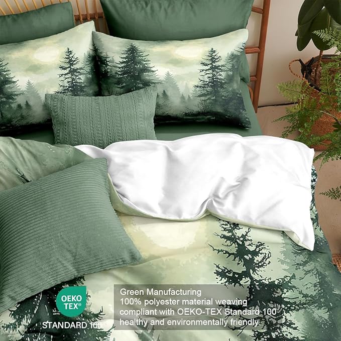 Pine Tree Duvet Cover Queen Size Forest Olive Green Duvet Cover Set Gradient Watercolor Botanical Bedding Set Soft Breathable Microfiber Comforter Cover(2 Pillowcases, No Comforter)