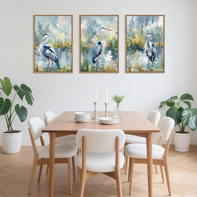 HLNIUC Great Blue Heron Wall Art Set of 3, Watercolor Coastal Bird Wall Decor(24x36), Wildlife Animal Illustrations Canvas Painting, Modern Boho Nature Avian Art Prints for Living Room,Bedroom, Office