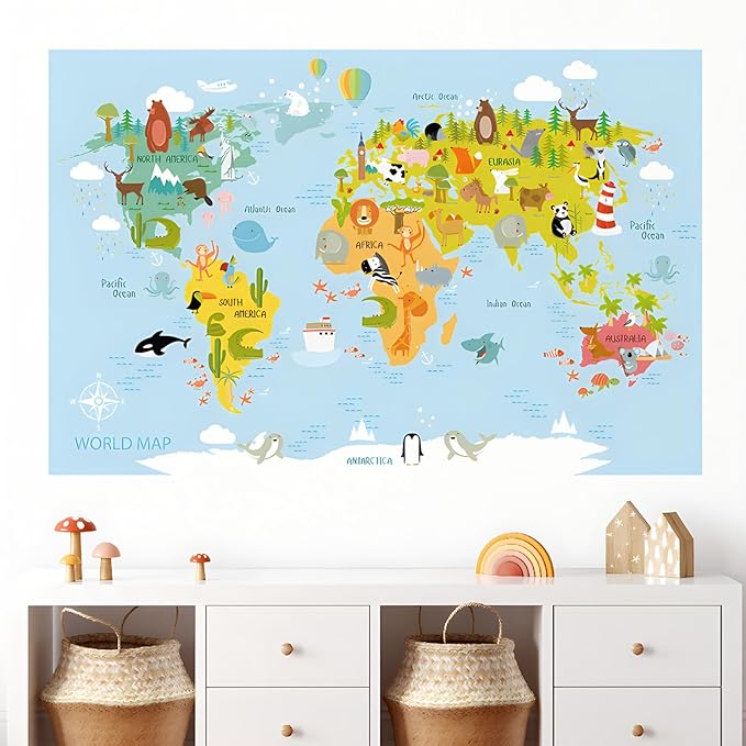 Animal World Map Wall Decals Kids Educational Learning Landmarks Wall Stickers Jungle Wild Animal Wall Art Decal Removable World Map Simple Cute Animal Wall Murals for Kids Calssroom Decor