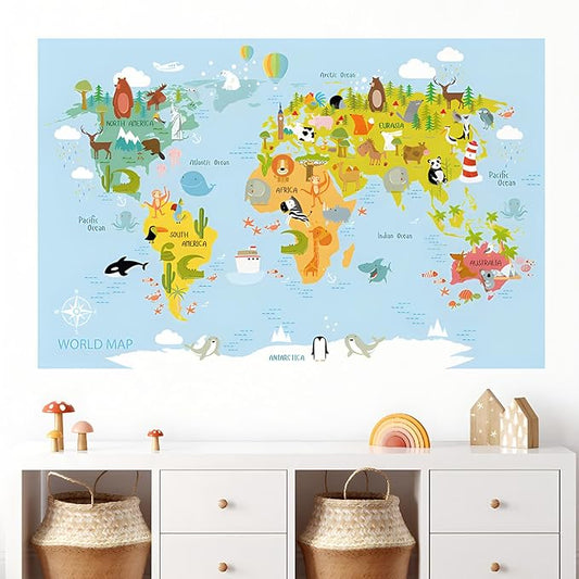 Animal World Map Wall Decals Kids Educational Learning Landmarks Wall Stickers Jungle Wild Animal Wall Art Decal Removable World Map Simple Cute Animal Wall Murals for Kids Calssroom Decor