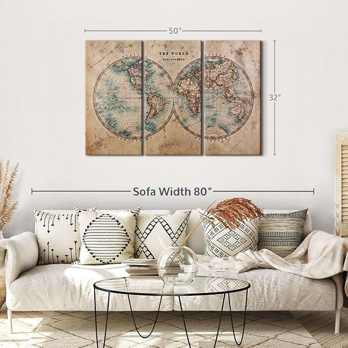 ElephantStock Hemisphere Map Wall Art Multi Piece Canvas - 3 Piece Canvas World Map Wall Decor - Wall Decor - Vintage Wall Art - 50" X 32"