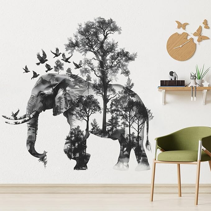 2 Sheets Forests Silhouette Animals Wall Decals - Removable Wild Elephant Tree & Birds Wall Art Decor for Children's Nursery & Living Room
