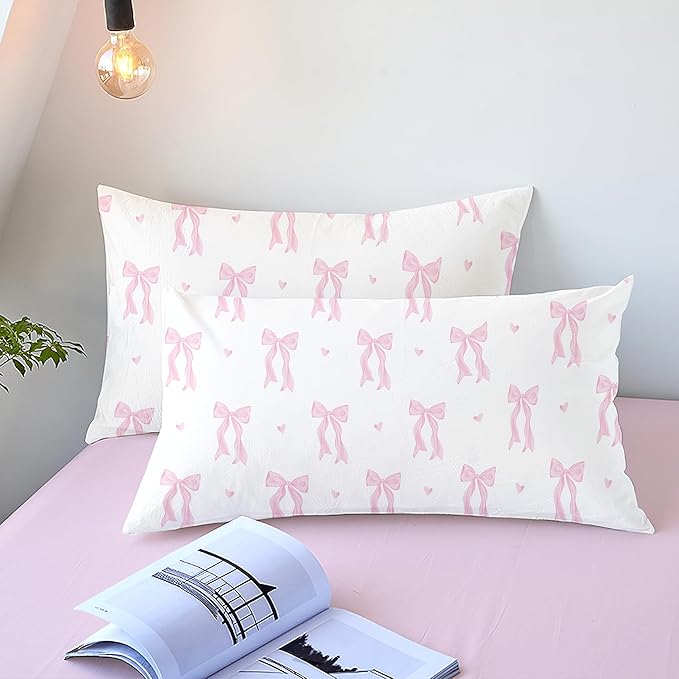 Bow Bedding Duvet Cover Queen Size Pink White Heart Bowknot Bedding Set 3 Pieces Kids Girls Princess Style Cute Love Pattern Bowknot Soft Breathable Microfiber Duvet Cover