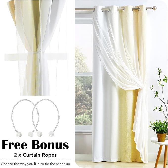100% Blackout Curtains with Sheer Overlay Mix and Match Double Layer Drapes 84 Inch Long 2 Panels for Bedroom Living Room Yellow White Ombre Grommet Window Treatment with Tiebacks