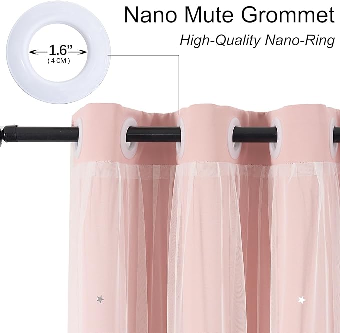 Light Pink Curtains Short Blackout for Girls Bedroom - Aesthetic Star Cutout Double Layer with White Sheer Overlay, 45 Inch Length 2 Panels Cute Curtain Baby Nursery Room Decor Drapes