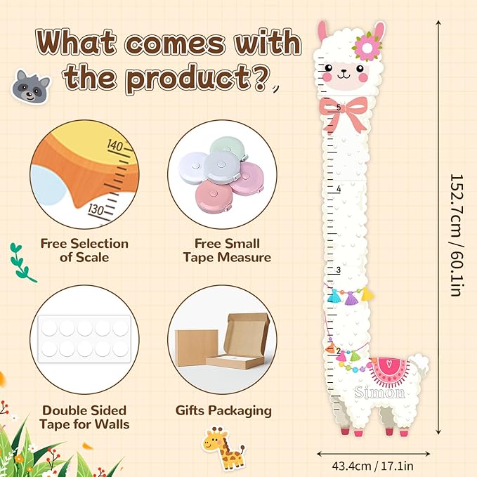 Personalized Name Height Chart for Kids, Alpaca Height Measurement for Wall, Wooden Growth Chart for Boys Girls, Playroom Wall Decor Measuring Board for Kids Height