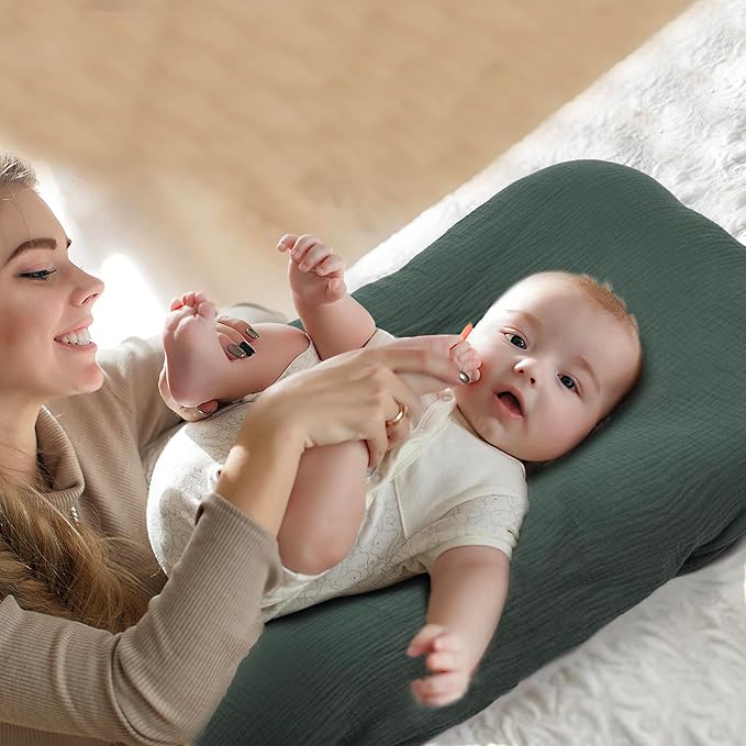 Baby Lounger for Newborn - Snuggle Cozy Me Lounger | Breathable Soft Cotton, 0-24 Months Portable Playtime Baby Nest, Newborn Baby Essentials Gifts- Moss (1 Lounger + 1 Cover)