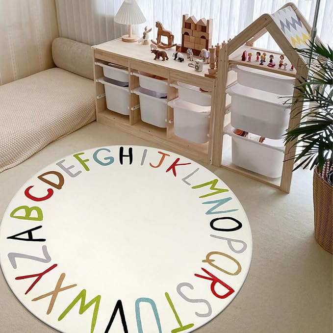 LIVEBOX Colorful ABC Round Rug Alphabet Play Room Rug, Circle Washable Rug Rainbow Nursery Rug for Baby Boy and Girl Room, Non-Slip Learning Carpet for Playroom Classroom (47",Multi Color)