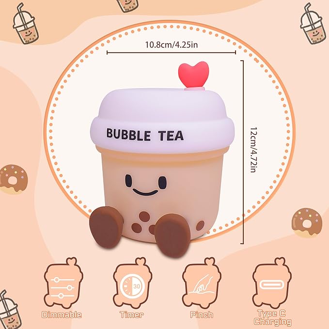 YuanDian Boba Bubble Tea Night Light, Cute Silicone Lamp Gift for Kids Girls Boys, Bedroom Decor for Christmas Birthday - Toddler Safe Kids Room Accessories