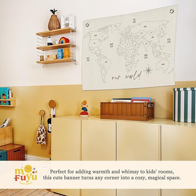 MOFUYU World Map for Kids Canvas Banner - World Maps for Wall, Kids Room Wall Decor, Adventure Nursery Hanging Sign, Geography Learning for Playroom and Bedroom 30x20 Inch
