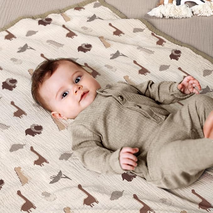 lulumoon Muslin Baby Blanket - Cotton Quilt Blankets for Toddlers - Reversible Nursery Crib Blanket for Baby Boys and Girls 47"x47"(Olive Dinosaur)