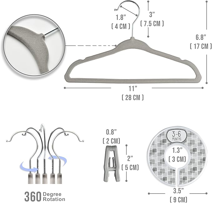 Velvet Baby Hangers with 10x Clips and 8X Dividers (30 Pack) | 11” Ultra-Slim Baby Clothes Hangers | Non-Slip Felt | Space-Saving Nursery & Infant Closet Organizer | Gray