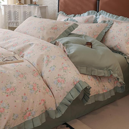 Pink Blue Flower Duvet Cover Set King 100% Cotton Romantic Floral Bedding Set with Green Ruffles Girls Botanical Floral Comforter Cover Princess Bedding Lace Duvet Cover King with Zipper Closure