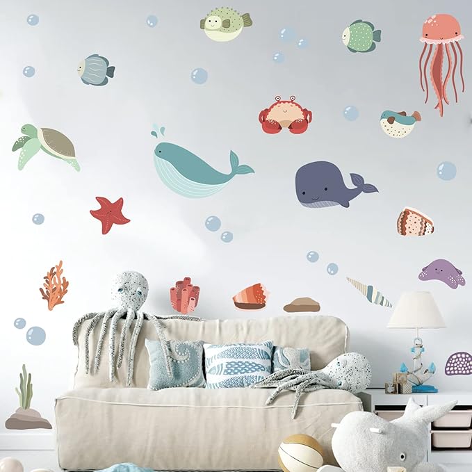 Sea Life Wall Decals Removable Vinyl Ocean Decor Stickers for Boys Girls Bedroom Bathroom Baby Room Nursery Classroom Decoration