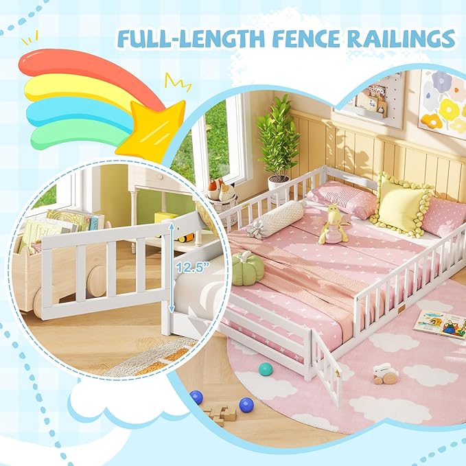 Giantex Queen Floor Bed with Door & Fence, Kids Wood Montessori Beds with Safety Guardrails, Floor Bed Twin for Kids, Boys, Girls, No Box Spring Needed, White