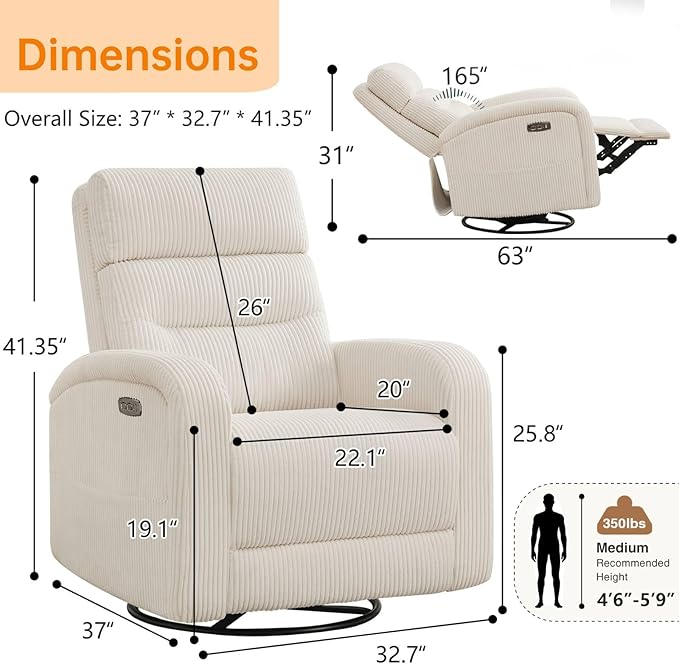 Power Glider Recliner Nursery Rocking Chairs with USB, Electric Swivel Rocker Recliner Glider Chair for Living Room, Upholstered Recliner Chairs for Nursery, Bedroom, Corduroy White