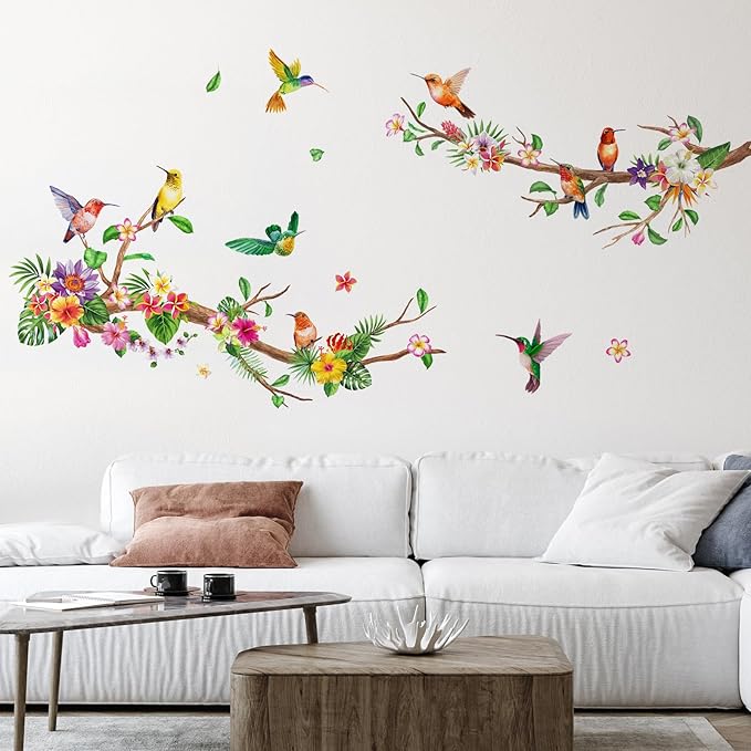 Zonon 6 Pcs Flowers Wall Decals Stickers Vinyl Removable Peel and Stick Colorful Dragonflies Floral Wall Murals Decor for Bedroom Living Room Nursery(Hummingbirds)