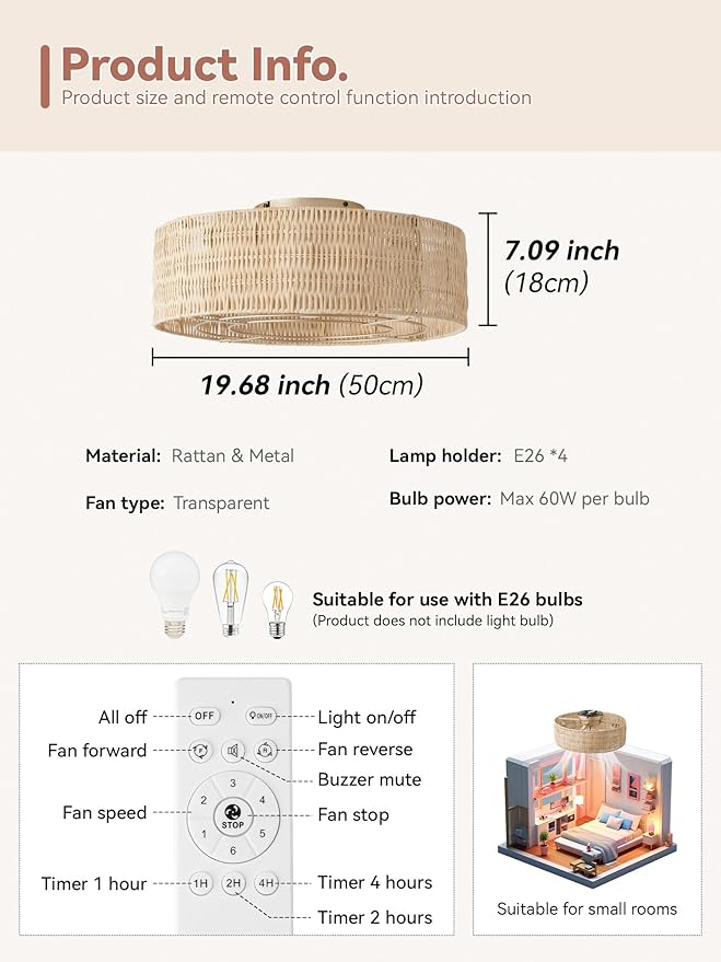 Low Profile Ceiling Fans with Lights, 20" Boho Rattan Ceiling Fan with Light Flush Mount and Remote Control, Drum Caged with 6 Speeds for Bedroom, Nursery, Living Room (Beige)