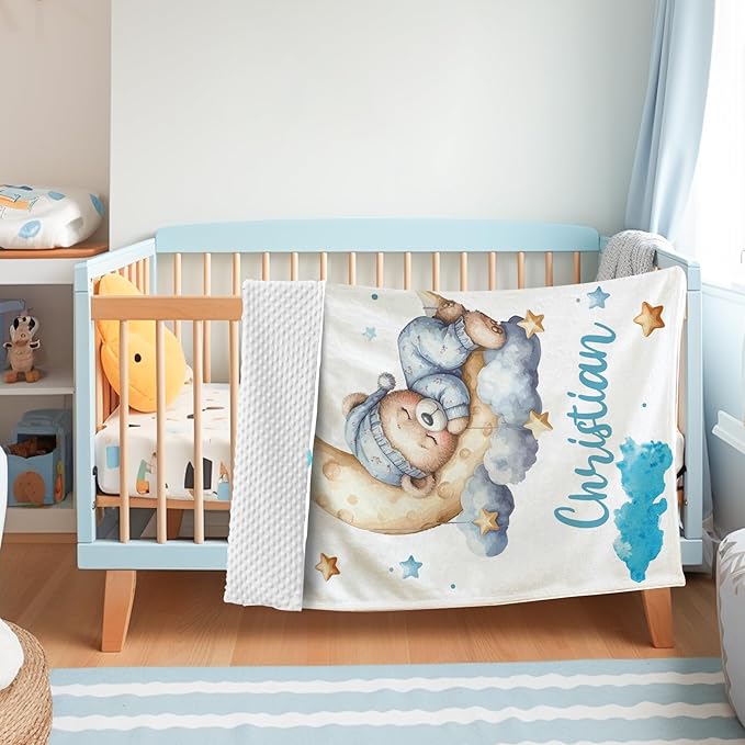Personalized Baby Blanket with Name, Customized Blanket for Newborn Boys Girls, Sleepy Bear Theme Baby Name Blanket with Dotted Backing, Receiving Swaddle, Baby Shower Birthday Gifts(60" x80)