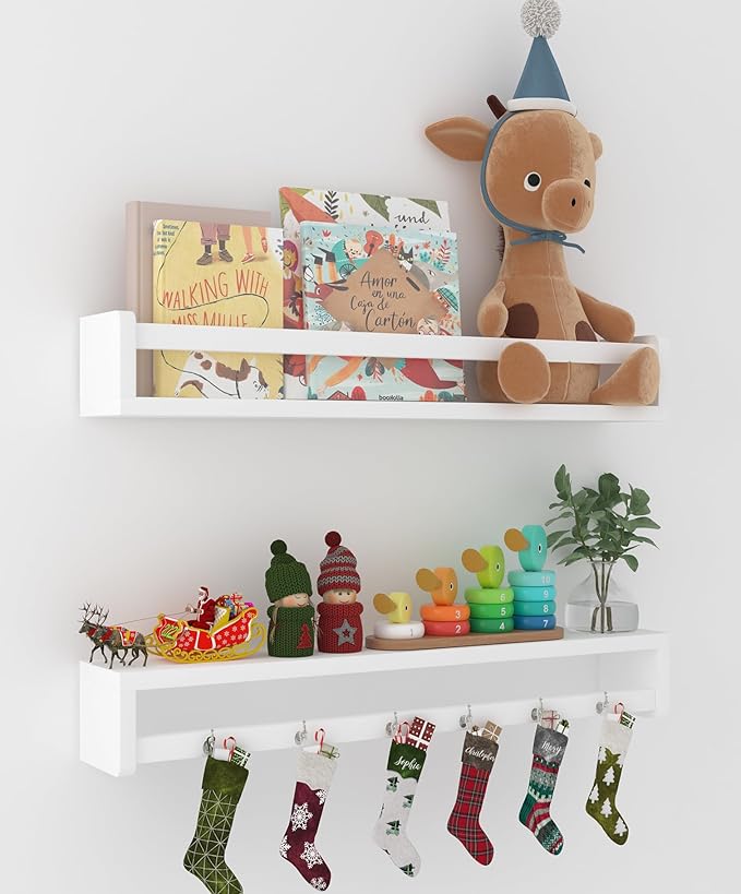 Heimlove 24 Inch Nursery Floating Shelves, Solid Wood Nursery Book Shelves for Wall, Bookshelf for Kid Room, Books,Toys and Decor Storage, Set of 2 (White)