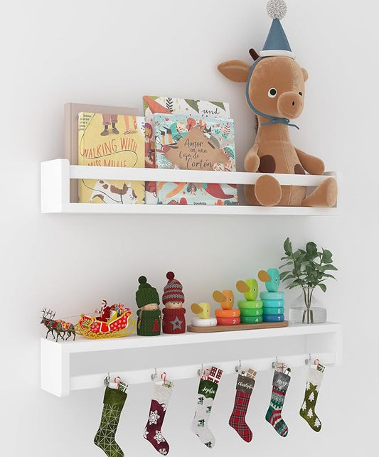 Heimlove 24 Inch Nursery Floating Shelves, Solid Wood Nursery Book Shelves for Wall, Bookshelf for Kid Room, Books,Toys and Decor Storage, Set of 2 (White)