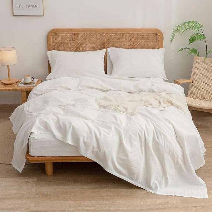 BESTOUCH Sheet Set 100% Washed Cotton Linen Feel Super Soft Comfortable Chic Lightweight 4 Pcs Home Bedding Set Solid Off White Cal King