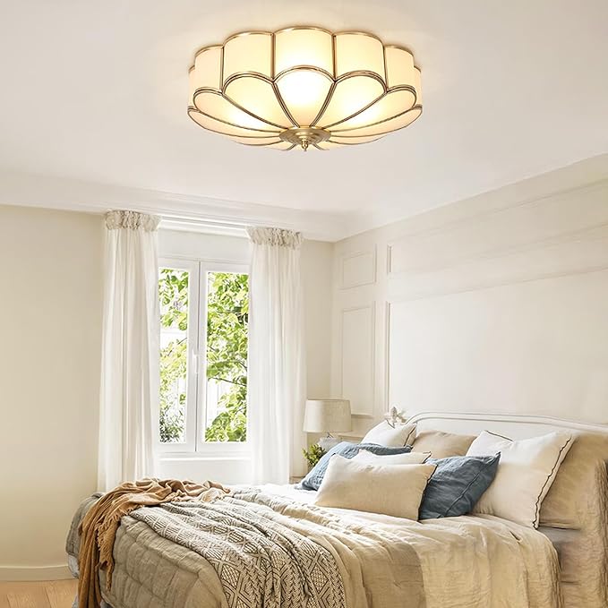 Mid Century Brass Flush Mount 4-Light LED Ceiling Lamp, Frosted Glass Shade Modern Light, Close to Ceiling Decorative for Bedroom Living Room (17.71" W)