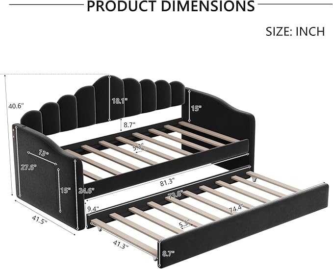 Bellemave Twin Size daybed Frame with Trundle for Adults, Kids, Girls, Teens, daybeds with Trundle for Living Room, Velvet, (Mattress not Included), Blcak