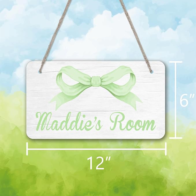 Personalized Green Bow Kids Room Door Sign Custom Name Girls Boys Bedroom Decor Toddler Baby Nursery Wood Art Wall Plaque 12x6 Inches