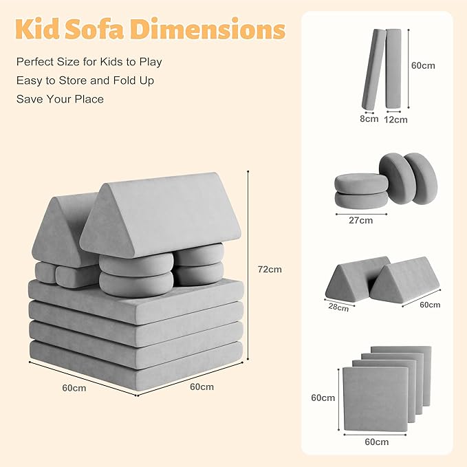 12 PCS Modular Kids Play Block Couch Child Sectional Soft Sofa Toddler Building Fortplay Climbing Bedroom Playroom Baby Convertible Floor Foam Cushion for Boys & Girls (car-Shaped-Grey)
